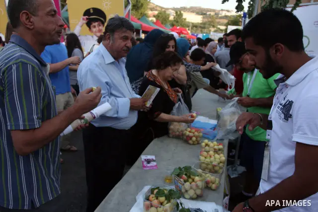 Palestinians take part in the opening of "Apricot Exhibition" in the village of Jaffna in the West Bank city of Ramallah, Thursday June 14, 2012. Photo by Issam Rimawi