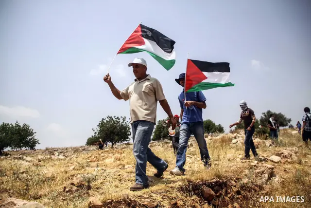Palestinian protesters hold national flags during a weekly demonstration against Israel's controversial separation barrier in the West Bank village of Nilin on June 15, 2012. When completed, 85 percent of the wall will h...