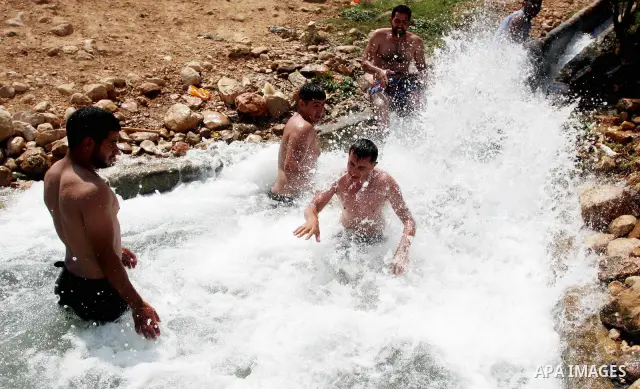 Palestinians cool off in the water of a natural spring known as Ein al-Auja, near the West Bank city of Jericho June 16, 2012. Photo by Issam Rimawi