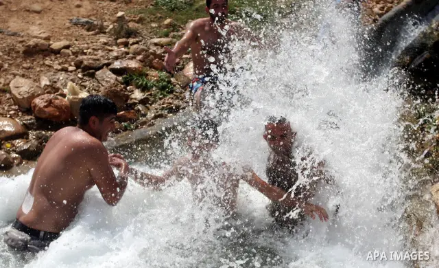 Palestinians cool off in the water of a natural spring known as Ein al-Auja, near the West Bank city of Jericho June 16, 2012. Photo by Issam Rimawi