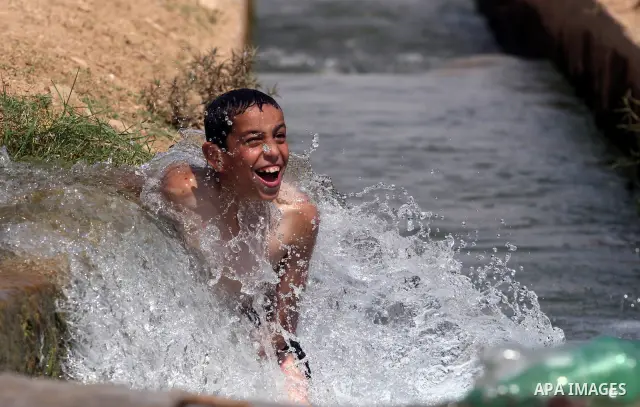 Palestinians cool off in the water of a natural spring known as Ein al-Auja, near the West Bank city of Jericho June 16, 2012. Photo by Issam Rimawi