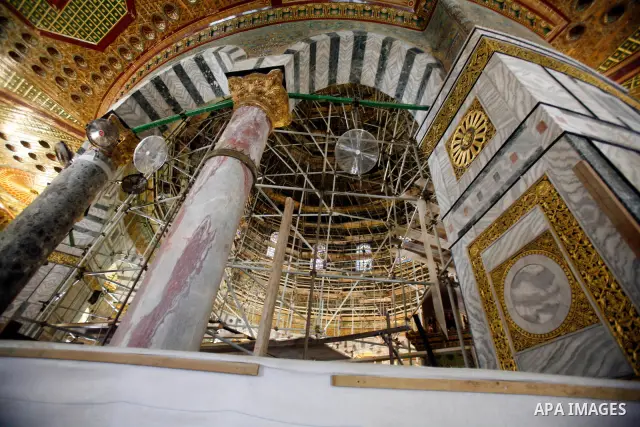 A picture from Al-Aqsa Mosque during a celebration of the Islamic holiday of Isra Mi'raj, in the Jerusalem old city, on June 17, 2012. The holiday marks what Muslims believe is Prophet Mohammad's journey from Mecca to Je...