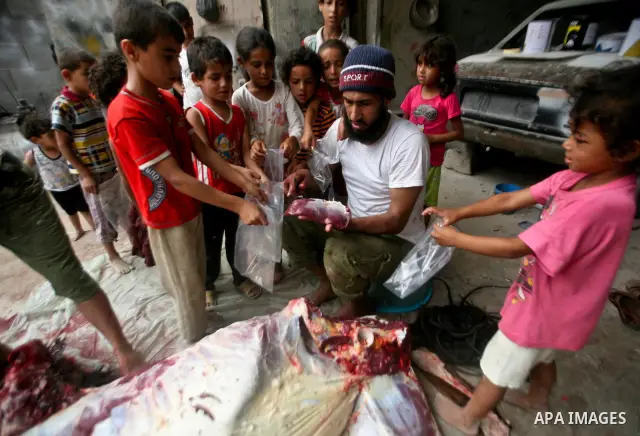 Palestinian children receive bags of horse meet in a poor neighborhood in the central Gaza Strip on 15 June 2012. The people of the poor neighborhood in the center of Gaza strip slaughter horses every twenty days, and di...