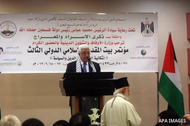 Palestinian president Mahmoud Abbas speaks on June 17, 2012 in the West Bank city of Ramallah, where he said that the peace process was in a state of clinical death, blaming Israel for the stalemate. Photo by Issam Rimaw...