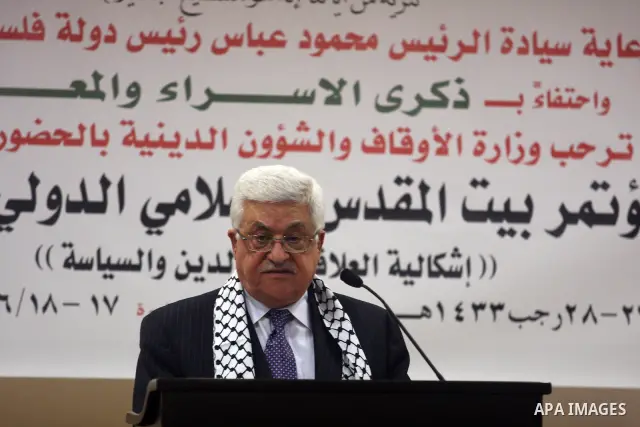 Palestinian president Mahmoud Abbas speaks on June 17, 2012 in the West Bank city of Ramallah, where he said that the peace process was in a state of clinical death, blaming Israel for the stalemate. Photo by Issam Rimaw...