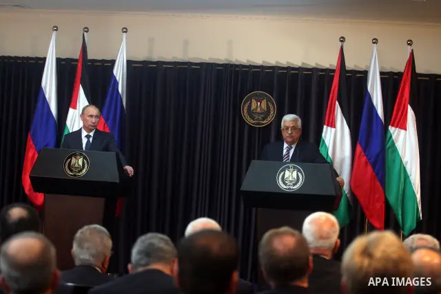 Palestinian Authority President Mahmud Abbas, and Russia's President Vladimir Putin hold a joint news conference in the West Bank Biblical town of Bethlehem on June 26, 2012, during a rare trip aimed at boosting Russia's...