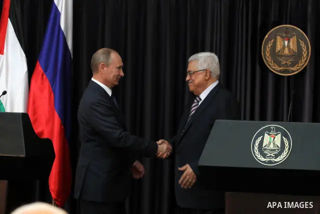 Palestinian Authority President Mahmud Abbas, and Russia's President Vladimir Putin hold a joint news conference in the West Bank Biblical town of Bethlehem on June 26, 2012, during a rare trip aimed at boosting Russia's...