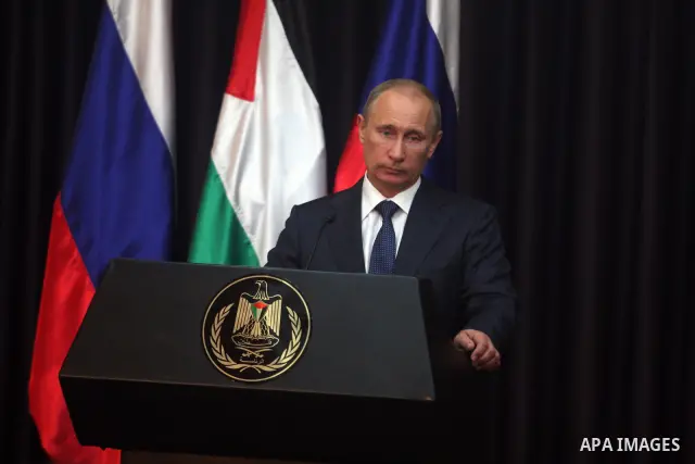 Palestinian Authority President Mahmud Abbas, and Russia's President Vladimir Putin hold a joint news conference in the West Bank Biblical town of Bethlehem on June 26, 2012, during a rare trip aimed at boosting Russia's...