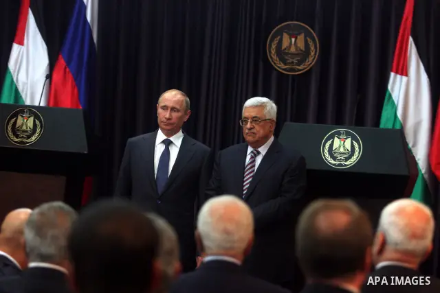 Palestinian Authority President Mahmud Abbas, and Russia's President Vladimir Putin hold a joint news conference in the West Bank Biblical town of Bethlehem on June 26, 2012, during a rare trip aimed at boosting Russia's...