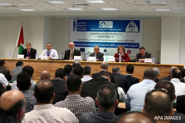 Palestinian Prime Minister, Salam Fayyad speaks during the first International Conference of the government and electronic services in the West Bank of Ramallah on June 26, 2012. Photo by Mustafa Abu Dayah