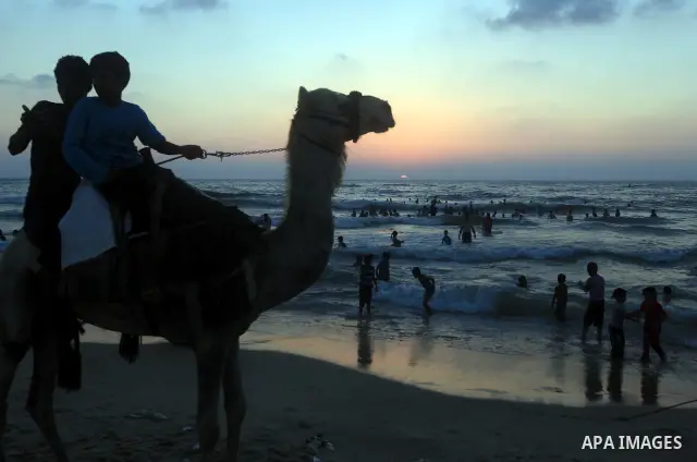 Palestinians ride a camel as others enjoy swimming in the sea on Gaza's beach on 27 June 2012 in Gaza. Photo by Majdi Fathi