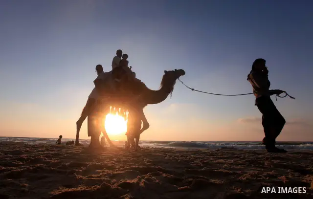 Palestinians ride a camel as others enjoy swimming in the sea on Gaza's beach on 27 June 2012 in Gaza. Photo by Majdi Fathi