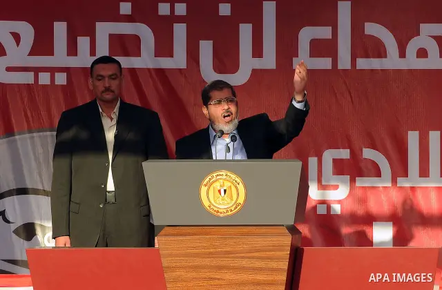 Egyptian President-elect Mohamed Morsi delivers a speech in Tahrir square, Cairo, Egypt, 29 June 2012. Media reports stated Morsi said on 29 June that people power was the basis of his authority as the country's first ci...