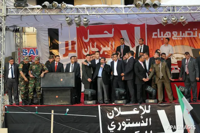 Egyptian President-elect Mohamed Morsi delivers a speech in Tahrir square, Cairo, Egypt, 29 June 2012. Media reports stated Morsi said on 29 June that people power was the basis of his authority as the country's first ci...