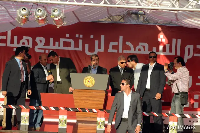 Egyptian President-elect Mohamed Morsi delivers a speech in Tahrir square, Cairo, Egypt, 29 June 2012. Media reports stated Morsi said on 29 June that people power was the basis of his authority as the country's first ci...