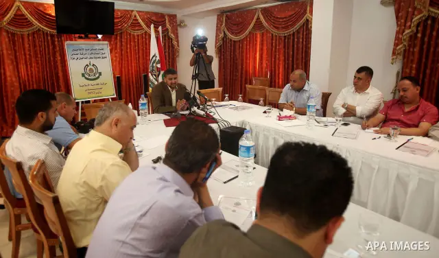 The spokesman of Hamas, Sami Abu Zuhri during a press conference about the postponement of the Central Election by Hamas in Gaza city on July. 03,2012. Photo by Ashraf Amra