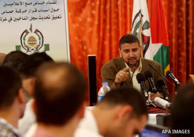 The spokesman of Hamas, Sami Abu Zuhri during a press conference about the postponement of the Central Election by Hamas in Gaza city on July. 03,2012. Photo by Ashraf Amra