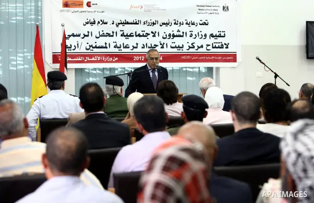 Palestinian Prime Minister Salam Fayyad speaks during the opening of the care for the elderly Center "House of Grandparents", in the West Bank city of Jerico, on 04 July 2012. Photo by Mustafa Abu dayeh