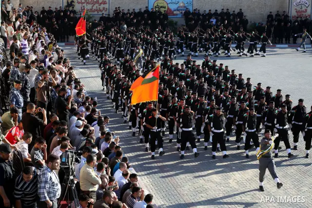 Graduating Hamas's police officers march during a ceremony in Gaza City on July 05, 2012. Hamas has governed the Gaza Strip since June 2007, after it won a majority of seats in the Palestinian Parliament in the January 2...