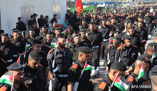 Graduating Hamas's police officers march during a ceremony in Gaza City on July 05, 2012. Hamas has governed the Gaza Strip since June 2007, after it won a majority of seats in the Palestinian Parliament in the January 2...