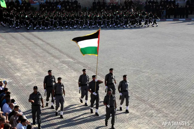 Graduating Hamas's police officers march during a ceremony in Gaza City on July 05, 2012. Hamas has governed the Gaza Strip since June 2007, after it won a majority of seats in the Palestinian Parliament in the January 2...