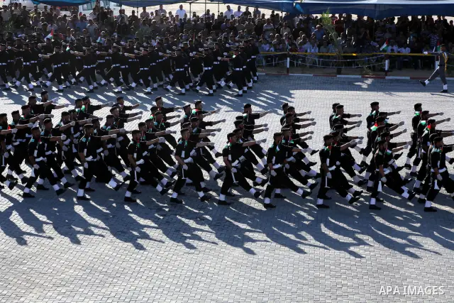 Graduating Hamas's police officers march during a ceremony in Gaza City on July 05, 2012. Hamas has governed the Gaza Strip since June 2007, after it won a majority of seats in the Palestinian Parliament in the January 2...