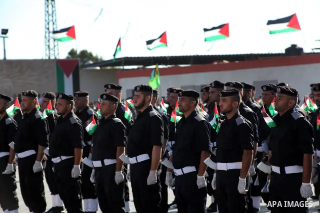 Graduating Hamas's police officers stand to attention during a ceremony in Gaza City on July 05, 2012. Hamas has governed the Gaza Strip since June 2007, after it won a majority of seats in the Palestinian Parliament in...