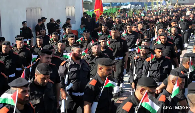 Graduating Hamas's police officers march during a ceremony in Gaza City on July 05, 2012. Hamas has governed the Gaza Strip since June 2007, after it won a majority of seats in the Palestinian Parliament in the January 2...