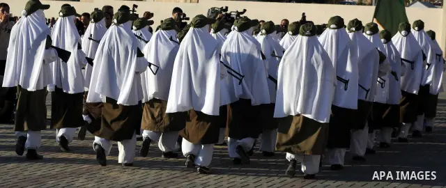 Female Hamas's police officers march during a ceremony in Gaza City on July 05, 2012. Hamas has governed the Gaza Strip since June 2007, after it won a majority of seats in the Palestinian Parliament in the January 2006...