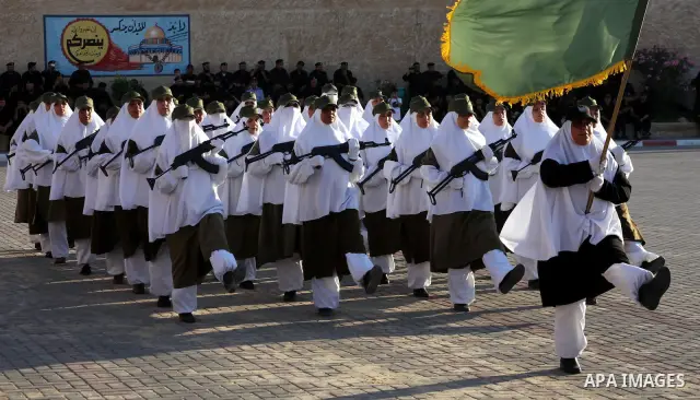 Female Hamas's police officers march during a ceremony in Gaza City on July 05, 2012. Hamas has governed the Gaza Strip since June 2007, after it won a majority of seats in the Palestinian Parliament in the January 2006...