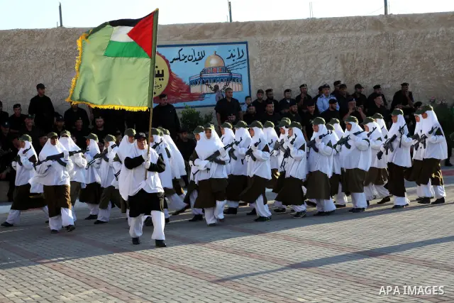 Female Hamas's police officers march during a ceremony in Gaza City on July 05, 2012. Hamas has governed the Gaza Strip since June 2007, after it won a majority of seats in the Palestinian Parliament in the January 2006...