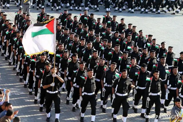 Graduating Hamas's police officers march during a ceremony in Gaza City on July 05, 2012. Hamas has governed the Gaza Strip since June 2007, after it won a majority of seats in the Palestinian Parliament in the January 2...