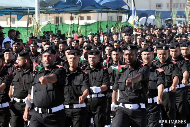 Graduating Hamas's police officers march during a ceremony in Gaza City on July 05, 2012. Hamas has governed the Gaza Strip since June 2007, after it won a majority of seats in the Palestinian Parliament in the January 2...