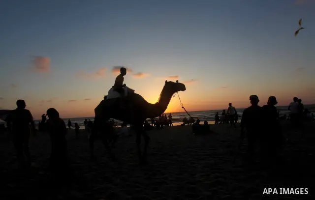 A Palestinian man rides a camel on the beach on their week-end in the Mediterranean port of Gaza on July 06, 2012. Photo by Ashraf Amra