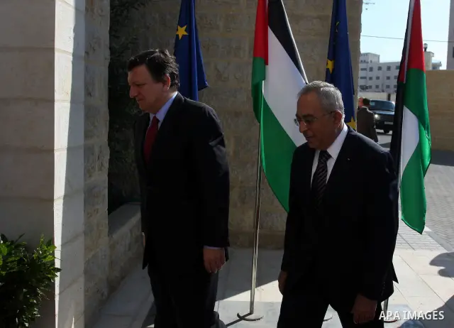 Palestinian Prime Minister Salam Fayyad, meets European Commission President Jose Manuel Barroso in the West Bank city of Ramallah July 8, 2012, as part of his first trip to Israel and the Palestinian territories. Photo...