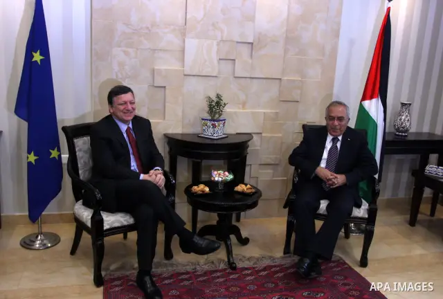 Palestinian Prime Minister Salam Fayyad, meets European Commission President Jose Manuel Barroso in the West Bank city of Ramallah July 8, 2012, as part of his first trip to Israel and the Palestinian territories. Photo...