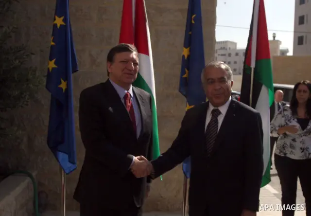 Palestinian Prime Minister Salam Fayyad, meets European Commission President Jose Manuel Barroso in the West Bank city of Ramallah July 8, 2012, as part of his first trip to Israel and the Palestinian territories. Photo...