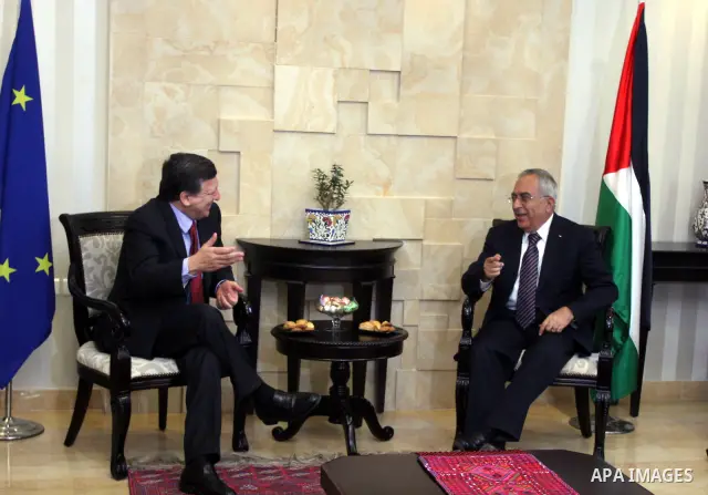 Palestinian Prime Minister Salam Fayyad, meets European Commission President Jose Manuel Barroso in the West Bank city of Ramallah July 8, 2012, as part of his first trip to Israel and the Palestinian territories. Photo...