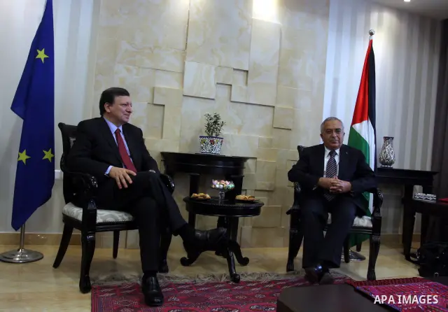 Palestinian Prime Minister Salam Fayyad, meets European Commission President Jose Manuel Barroso in the West Bank city of Ramallah July 8, 2012, as part of his first trip to Israel and the Palestinian territories. Photo...