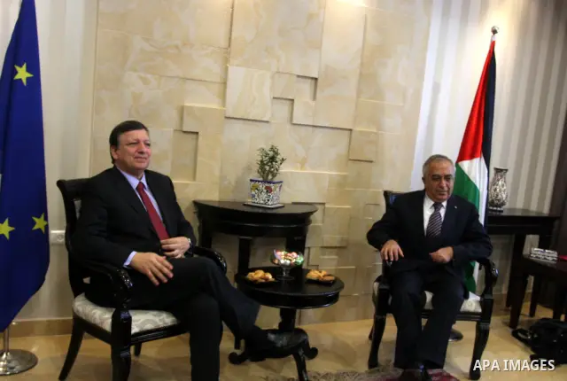 Palestinian Prime Minister Salam Fayyad, meets European Commission President Jose Manuel Barroso in the West Bank city of Ramallah July 8, 2012, as part of his first trip to Israel and the Palestinian territories. Photo...