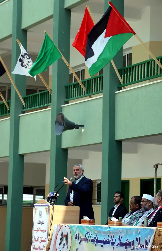 Palestinian Prime Minister in Gaza Ismail Haniyeh speaks during the opening of a new school in Zaytoon neighborhood Gaza city on 08 July 2012. A Palestinian official says Gaza's prime minister will head to Cairo within t...