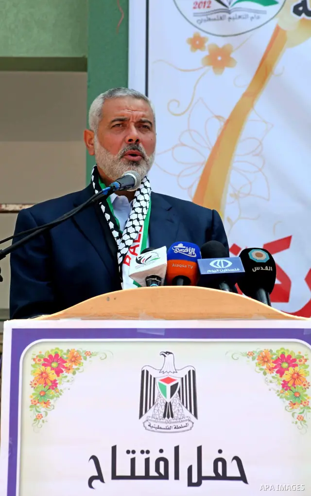 Palestinian Prime Minister in Gaza Ismail Haniyeh speaks during the opening of a new school in Zaytoon neighborhood Gaza city on 08 July 2012. A Palestinian official says Gaza's prime minister will head to Cairo within t...