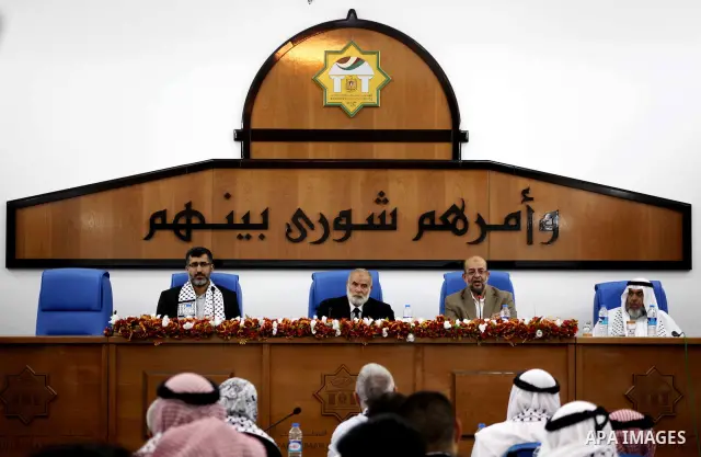 Ahmad Bahar a Hamas leader receives members of "Miles of Smiles 14" aid convoy in Legislative Council in Gaza city on 09 July 2012. Photo by Ashraf Amra