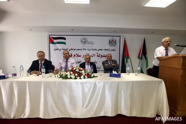 Palestinian Prime Minister Salam Fayyad attends celebrate of puts the foundation stone of the city hall of Beit Jala city in the West Bank on 10 July 2012. Photo by Mustafa Abu Dayeh