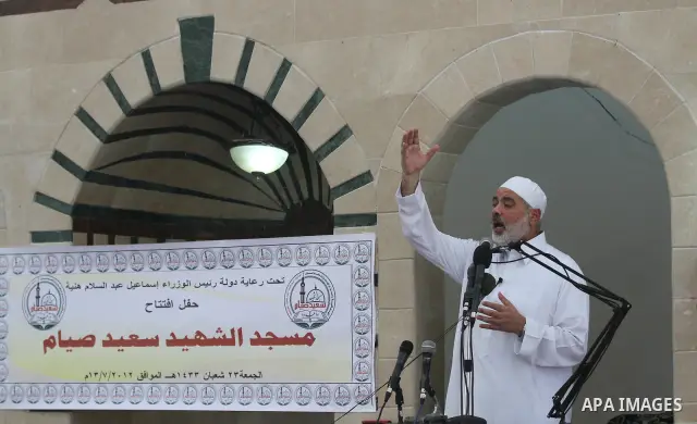 Palestinian Prime Minister in Gaza Ismail Haniyeh speaks during Friday prayer in Gaza City on 13 July 2012. Photo by Majdi Fathi