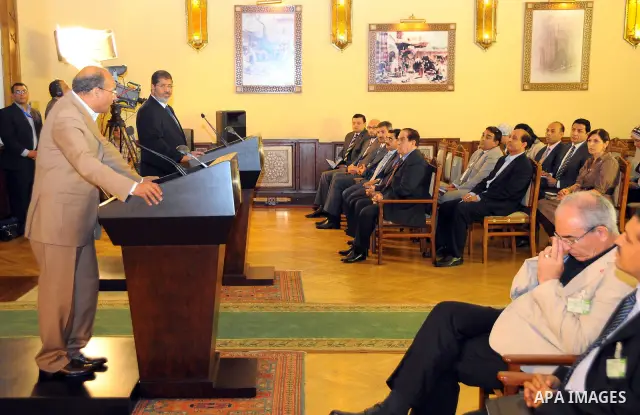 Egyptian President Mohamed Morsi (R) and his Tunisian counterpart Moncef Marzouki (L) attend a joint press conference at the Presidential Palace in Cairo on July 13, 2012. The post-uprising presidents of Egypt and Tunisi...