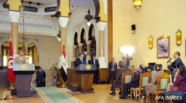 Egyptian President Mohamed Morsi (R) and his Tunisian counterpart Moncef Marzouki (L) attend a joint press conference at the Presidential Palace in Cairo on July 13, 2012. The post-uprising presidents of Egypt and Tunisi...