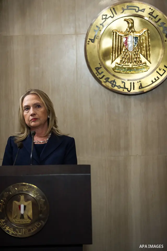 CAIRO, July 14, 2012 Visiting U.S. Secretary of State Hillary Clinton holds a joint press conference with Egyptian Foreign Minister Mohammed Kamel Amr (not seen) at the presidential palace in Cairo on July 14, 2012. (Xin...