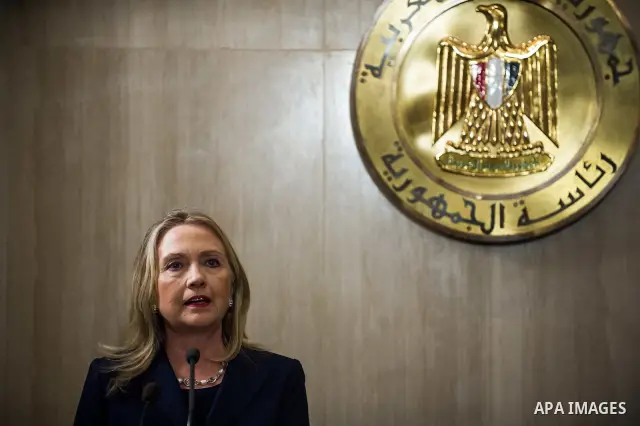 CAIRO, July 14, 2012 Visiting U.S. Secretary of State Hillary Clinton holds a joint press conference with Egyptian Foreign Minister Mohammed Kamel Amr (not seen) at the presidential palace in Cairo on July 14, 2012. (Xin...