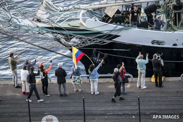 July 13, 2012 - Stockholm, Stockholm, Sweden - The humanitarian aid ship ''Estelle'' sets sail at the Skeppsbron port, Stockholm. The ship is part of a pro-palestinian caravan which heads to Gaza strip with the purpose t...
